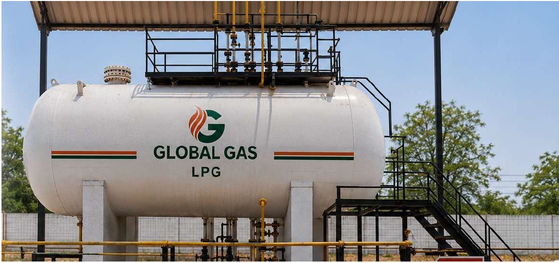 White Global Gas LPG storage tank with orange and green stripes, under a shed with stairs and pipes